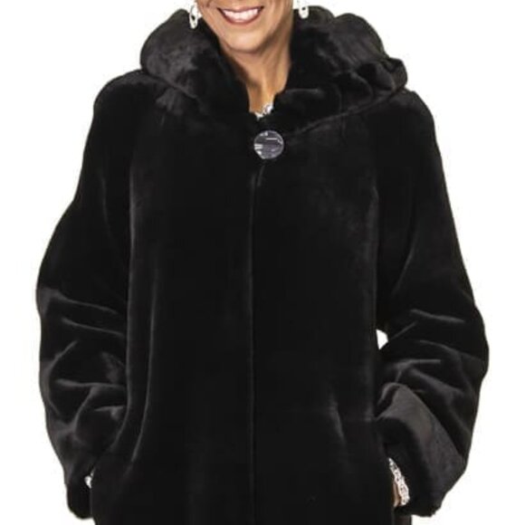 Nuage Full Length Black Faux Sheared Beaver with Hood - Picture 1 of 5